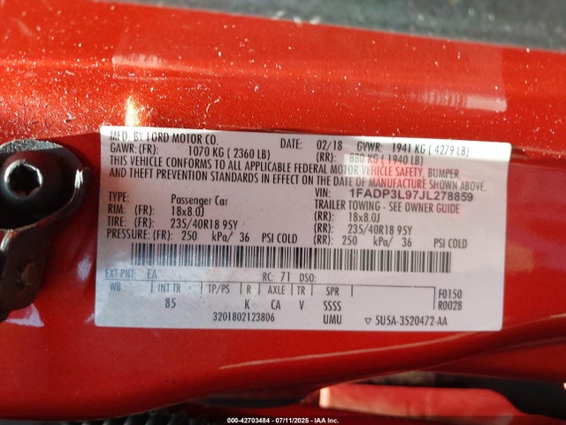 1FADP3L97JL278859 Ford 2.0l gtdi