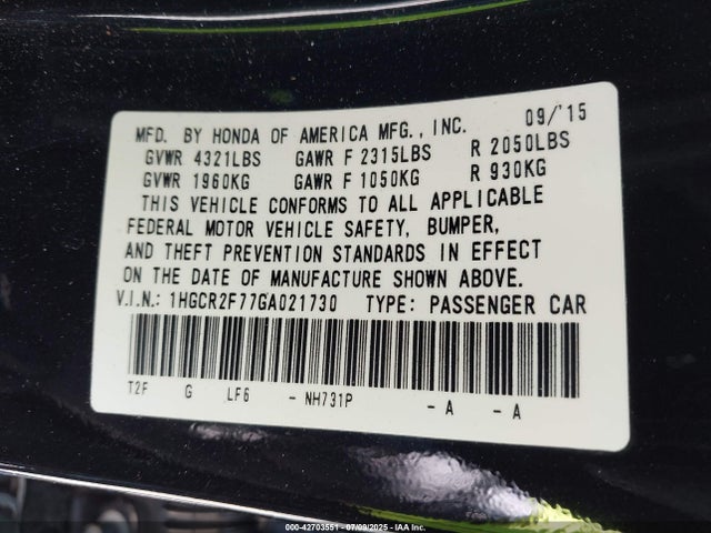 1HGCR2F77GA021730 Honda k24w1