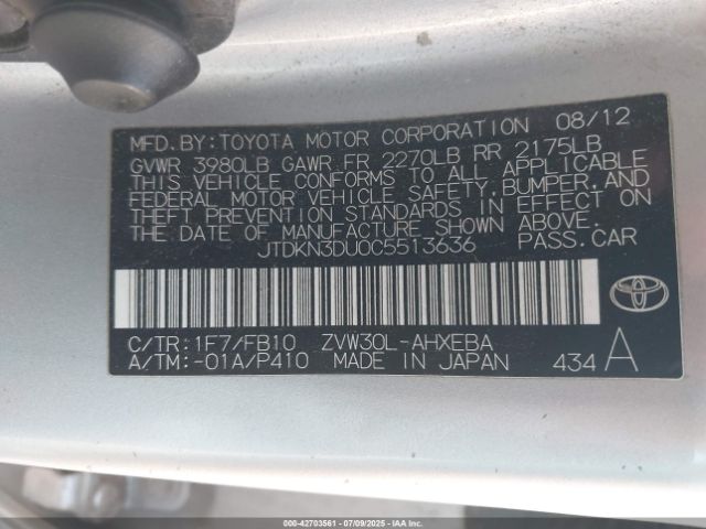 2012 TOYOTA PRIUS JTDKN3DU0C5513636 Photo 8