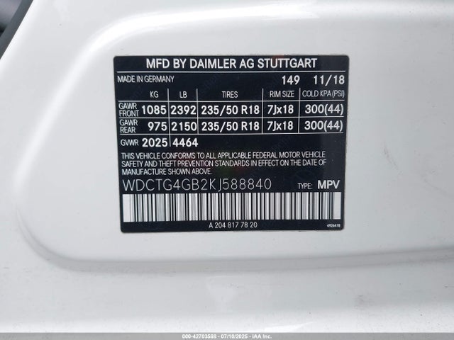 WDCTG4GB2KJ588840 Mercedes-Benz 270