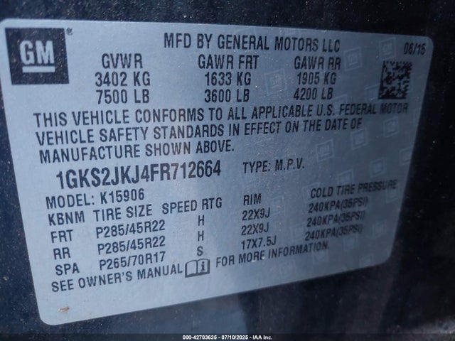 42703635 :رقم المزاد ، 1GKS2JKJ4FR712664 vin ، 2015 Gmc Yukon Xl 1500 Denali مزاد بيع