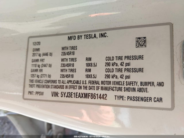 2021 TESLA MODEL 3 5YJ3E1EAXMF861442 Photo 8