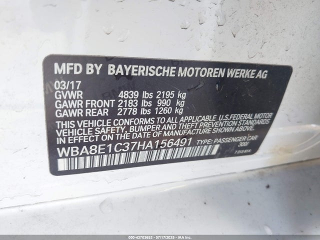 2017 Bmw 330e Iperformance მანქანა იყიდება აუქციონზე, vin: WBA8E1C37HA156491, აუქციონის ნომერი: 42703652