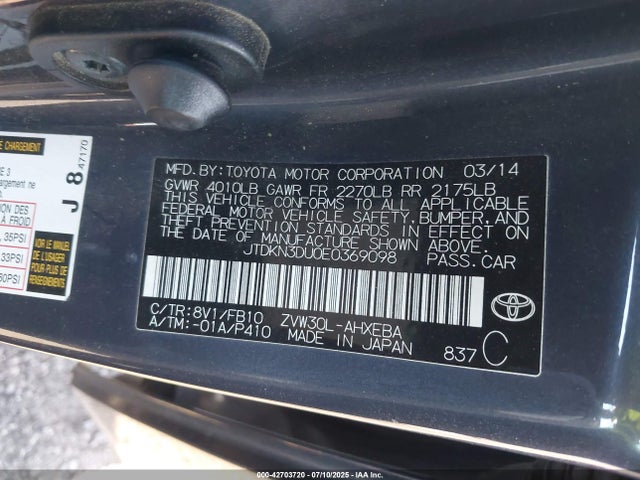 JTDKN3DU0E0369098 Toyota 2zr-fxe+3jm