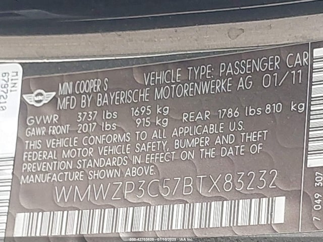 2011 MINI COOPER S WMWZP3C57BTX83232 Photo 8