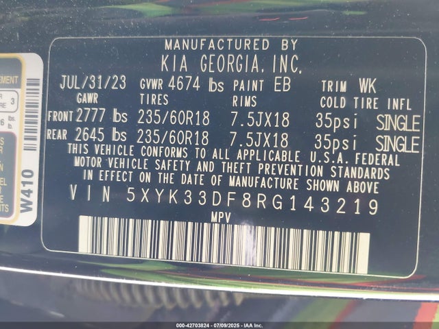 5XYK33DF8RG143219 KIA gdi theta iii