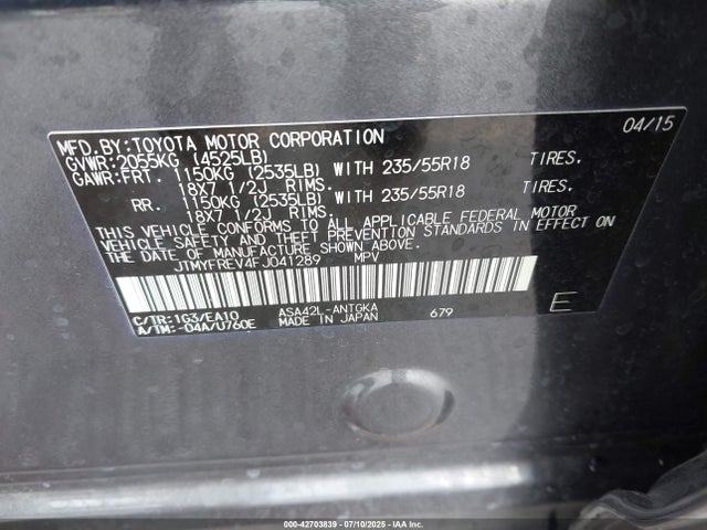 JTMYFREV4FJ041289 Toyota 2ar-fe