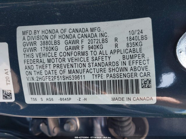 Honda k20c9 2025 2HGFE2F51SH539611 Image 9