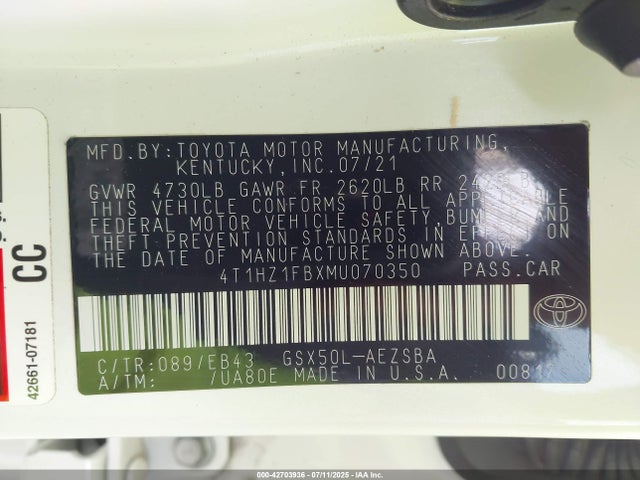 4T1HZ1FBXMU070350 Toyota 2gr-fks