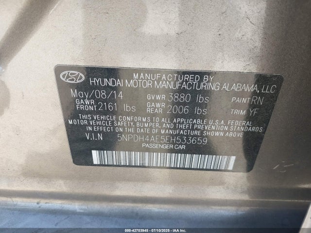 5NPDH4AE5EH533659 Hyundai dohc mpi nu