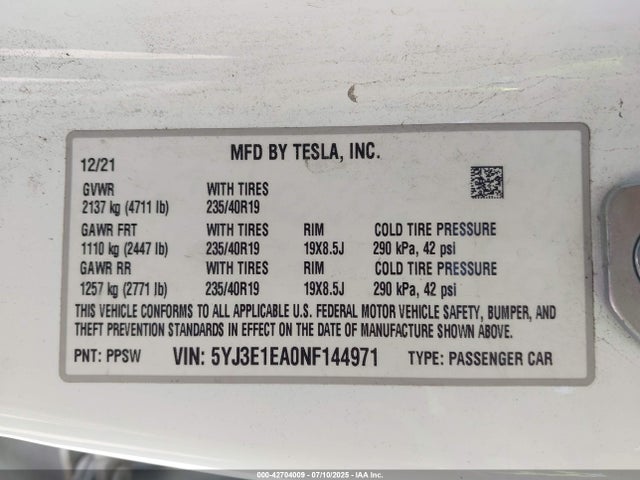 2022 TESLA MODEL 3 5YJ3E1EA0NF144971 Photo 8