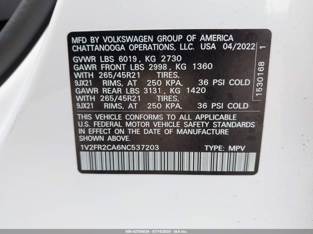 1V2FR2CA6NC537203 Volkswagen fsi