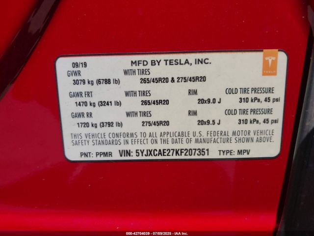 2019 TESLA MODEL X 5YJXCAE27KF207351 Photo 8