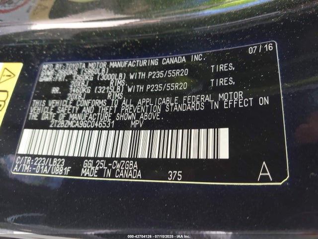 2T2BZMCA9GC046531 Lexus 2016