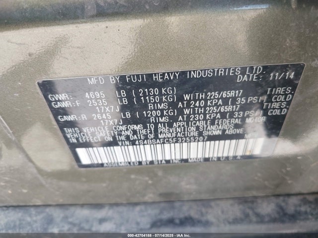 Subaru 2.5l u5 2015 4S4BSAFC5F3255207 Image 9