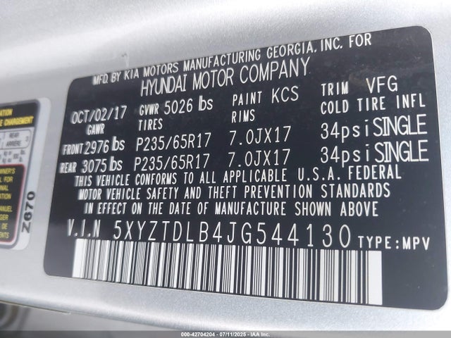 5XYZTDLB4JG544130 Hyundai gdi theta ii