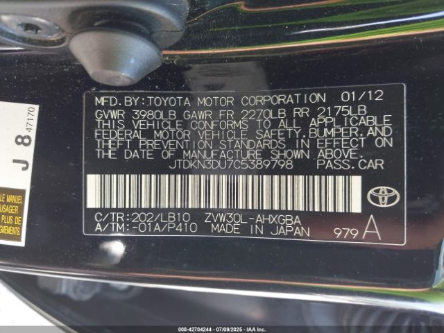 2012 TOYOTA PRIUS JTDKN3DU7C5389798 Photo 8