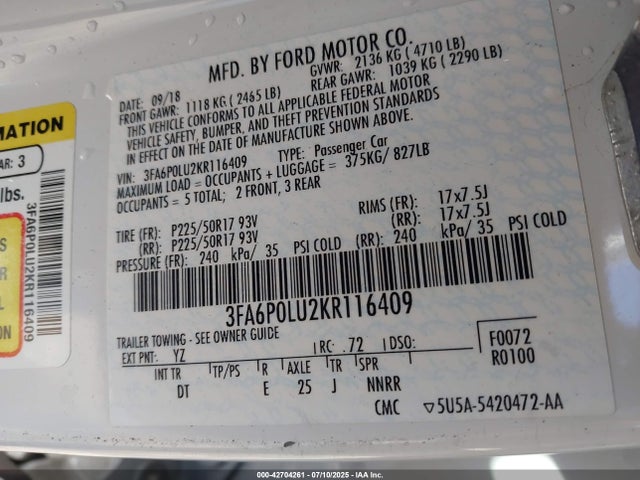 Ford Fusion 2019 3FA6P0LU2KR116409 Image 9