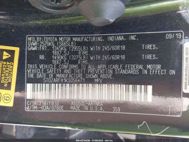 2019 TOYOTA HIGHLANDER 5TDZARFH1KS056471 Photo 8