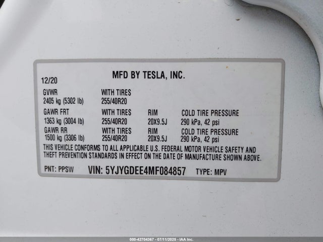 2021 TESLA MODEL Y 5YJYGDEE4MF084857 Photo 8