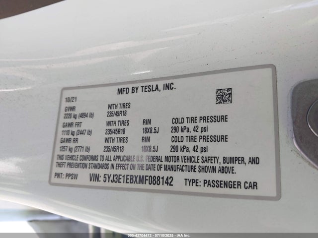 2021 TESLA MODEL 3 5YJ3E1EBXMF088142 Photo 8