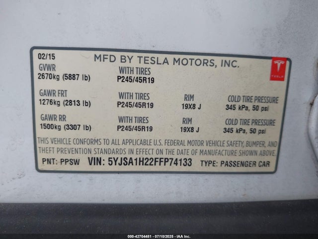 2015 TESLA MODEL S 5YJSA1H22FFP74133 Photo 8