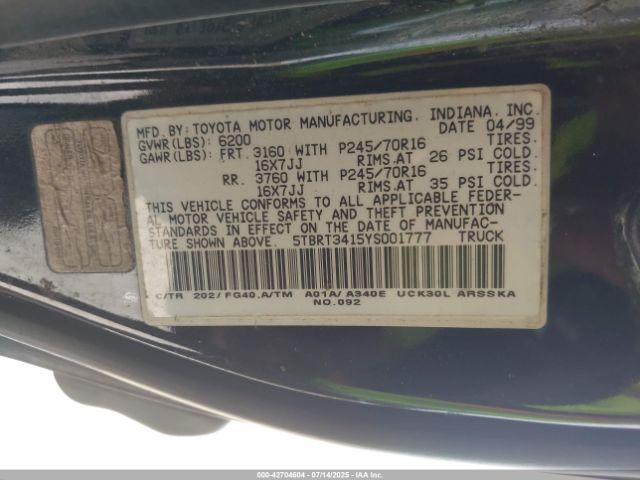 2000 TOYOTA TUNDRA 5TBRT3415YS001777 Photo 8