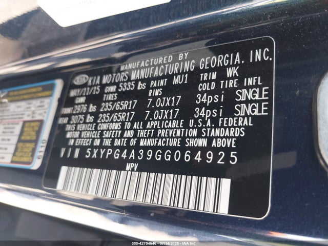 5XYPG4A39GG064925 KIA dohc gdi theta ii