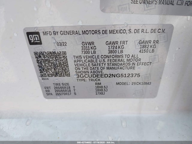 42704652 :رقم المزاد ، 3GCUDEED2NG512375 vin ، 2022 Chevrolet Silverado 1500 4wd  Short Bed Rst مزاد بيع