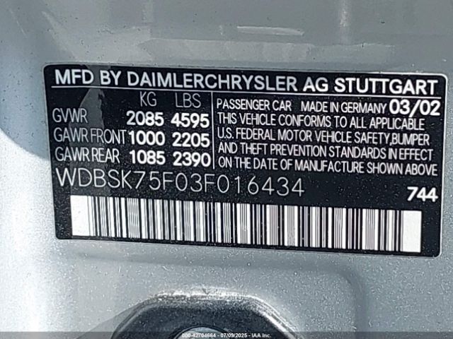2003 MERCEDES-BENZ SL 500 WDBSK75F03F016434 Photo 8