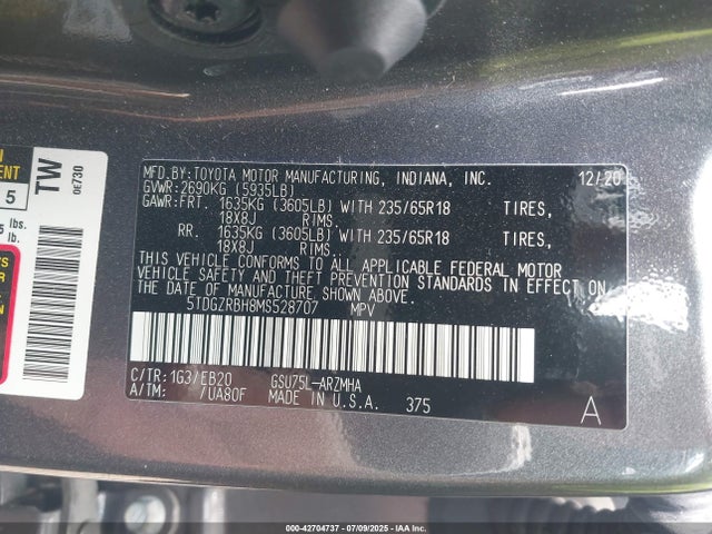 Продаж на аукціоні авто 2021 Toyota Highlander Xle, vin: 5TDGZRBH8MS528707, номер лоту: 42704737