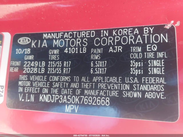 KIA g gdi 2019 KNDJP3A50K7692668 Image 9