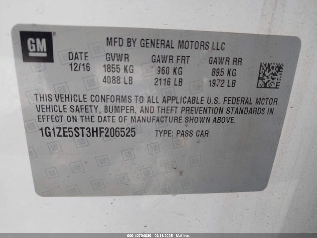 2017 Chevrolet Malibu 1lt მანქანა იყიდება აუქციონზე, vin: 1G1ZE5ST3HF206525, აუქციონის ნომერი: 42704830