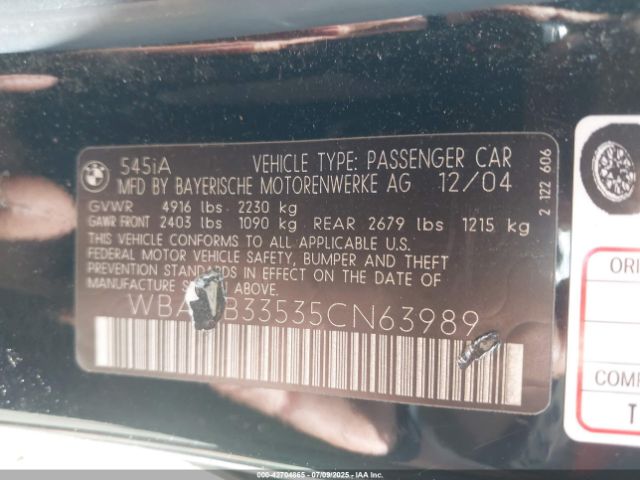 2005 BMW 545I WBANB33535CN63989 Photo 8