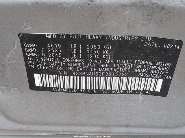4S3BNAH63F3015222 Subaru 2.5l u5