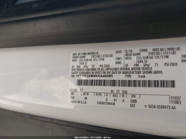 1FTYR3XM9KKA40085 Ford 2019