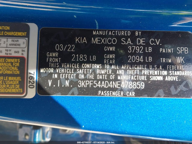 3KPF54AD4NE478859 KIA mpi nu