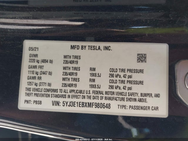 2021 TESLA MODEL 3 5YJ3E1EBXMF980648 Photo 8