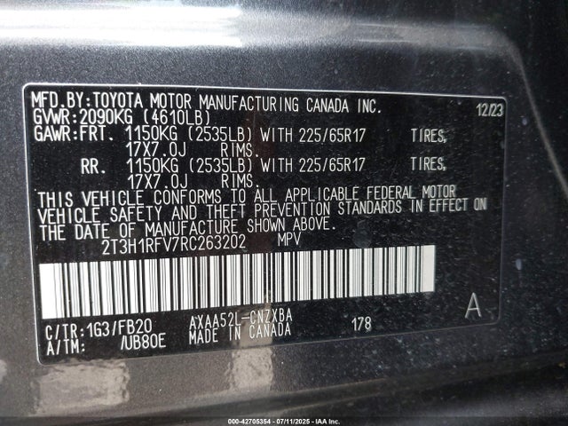2T3H1RFV7RC263202 Toyota a25a-fks