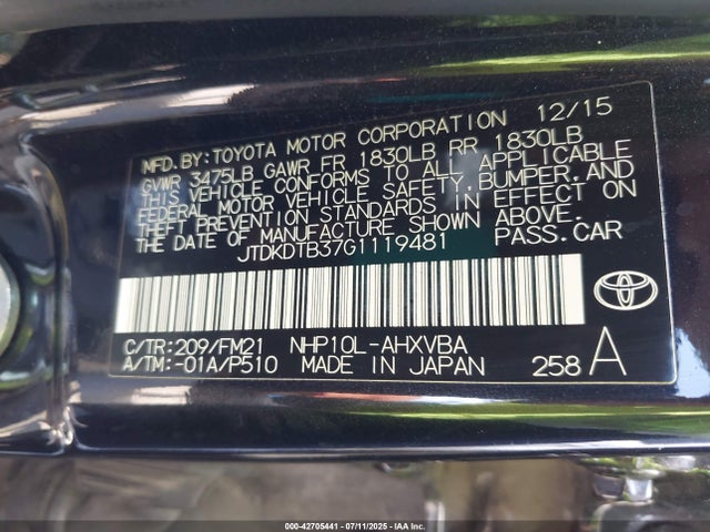 JTDKDTB37G1119481 Toyota 1nz-fxe+1lm