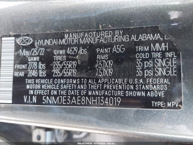 5NMJE3AE8NH134019 Hyundai gdi theta iii