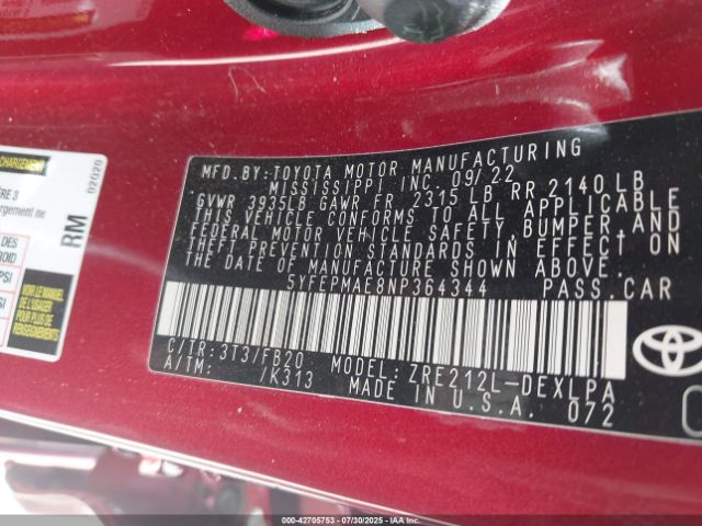 2022 TOYOTA COROLLA 5YFEPMAE8NP364344 Photo 8