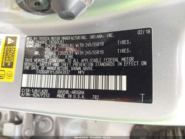 Toyota 2gr-fxs, 4jm+2fm 2018 5TDDGRFH1JS043937 Image 9