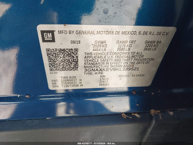3GNAXKEV9KL189521 Chevrolet lyx - direct injection, vvt, fgt, turbo, alum, gen1