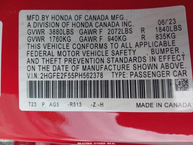2HGFE2F55PH562378 Honda k20c2