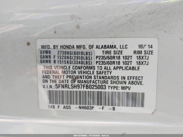 Honda j35z8 2015 5FNRL5H97FB025003 Image 9