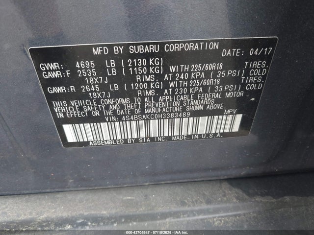 Subaru u5 2017 4S4BSAKC0H3383489 Image 9