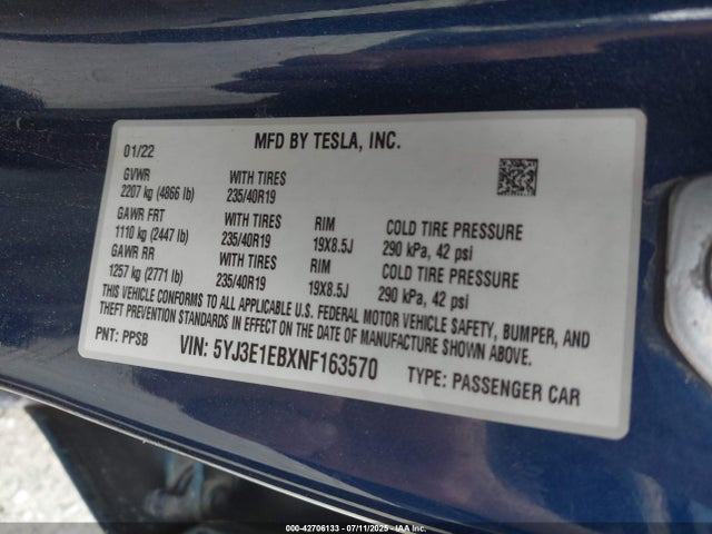 2022 TESLA MODEL 3 5YJ3E1EBXNF163570 Photo 8