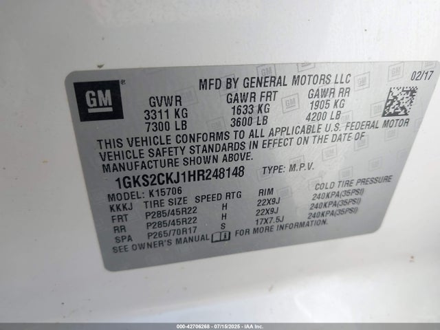 Auction sale of the 2017 Gmc Yukon Denali, vin: 1GKS2CKJ1HR248148, lot number: 42706268