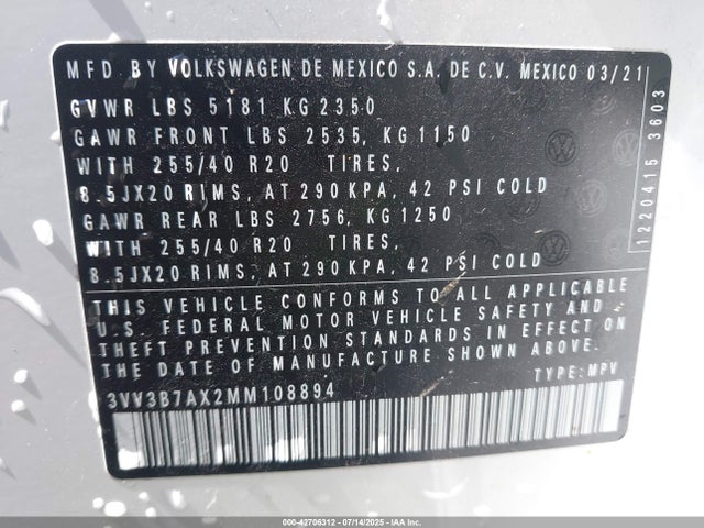 3VV3B7AX2MM108894 Volkswagen 2021